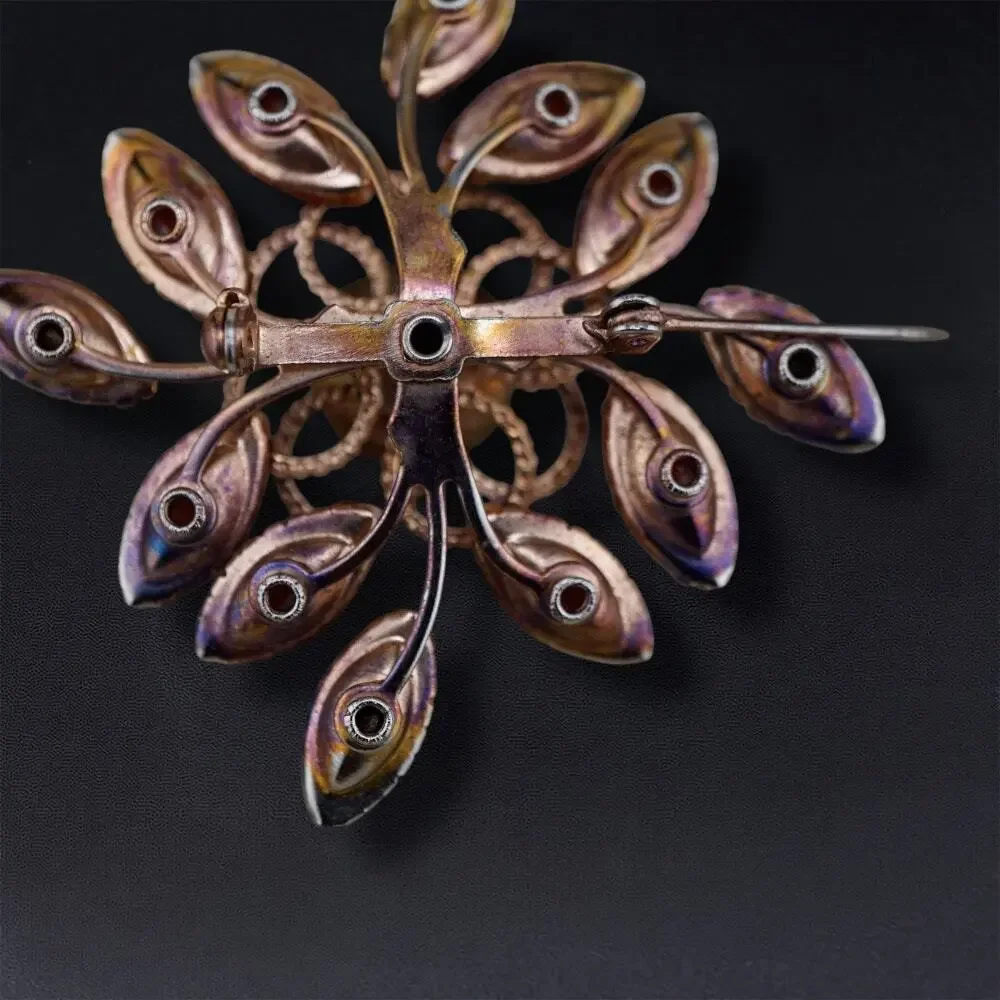 Vintage Atomic Starburst Brooch Orange Pink Rhinestone 2 in‎ MCM Retro Statement